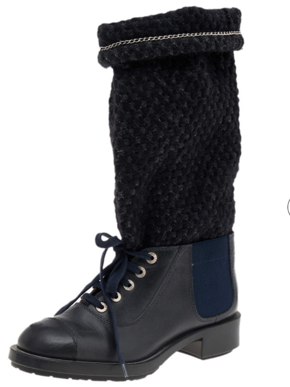 $1,450 CHANEL Black Knit Shaft Lace-Up Mid-Calf Boots size 36.5 - US 6-6.5 EUC